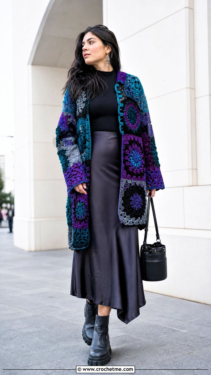 Patchwork Crochet Goth Jacket With Slip Skirt - 35 Crochet Goth Clothes and outfit ideas