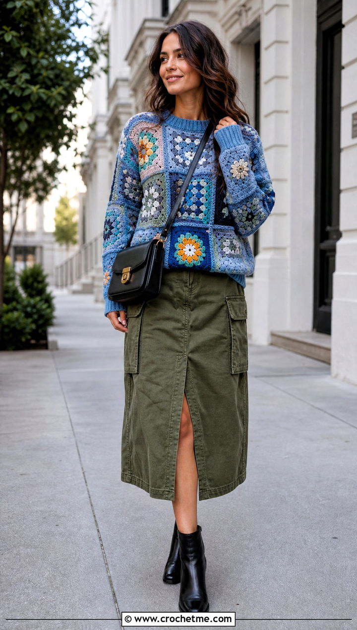 Patchwork Crochet Graphic Sweater With Utility Skirt - 30 crochet graphic sweater outfit ideas