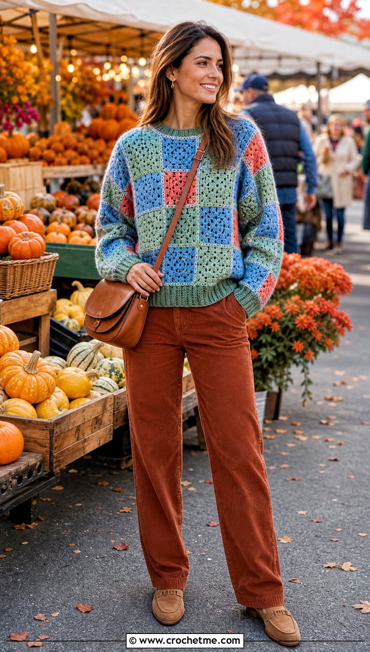 Patchwork Crochet Grid Sweater With Corduroy Pants - 30 crochet grid sweater outfit ideas