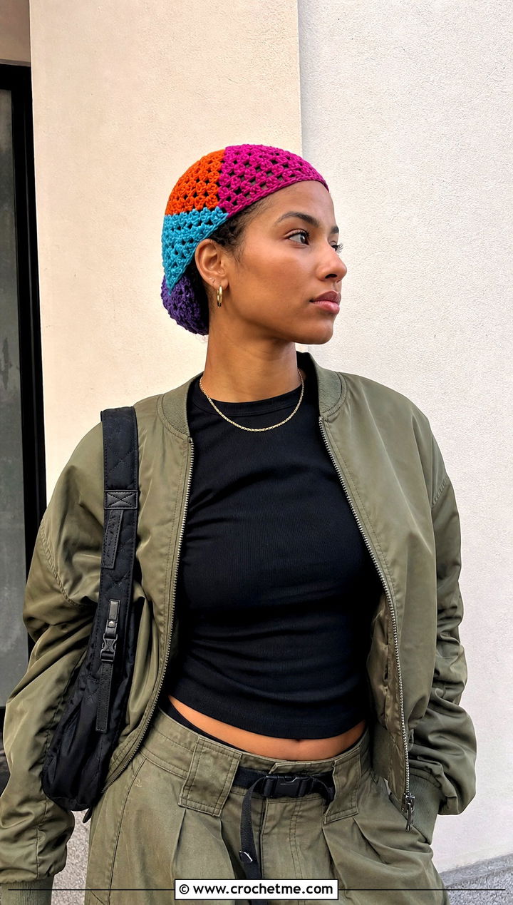Patchwork Crochet Hair Cap With Cargo Pants - 15 crochet hair cap outfit ideas