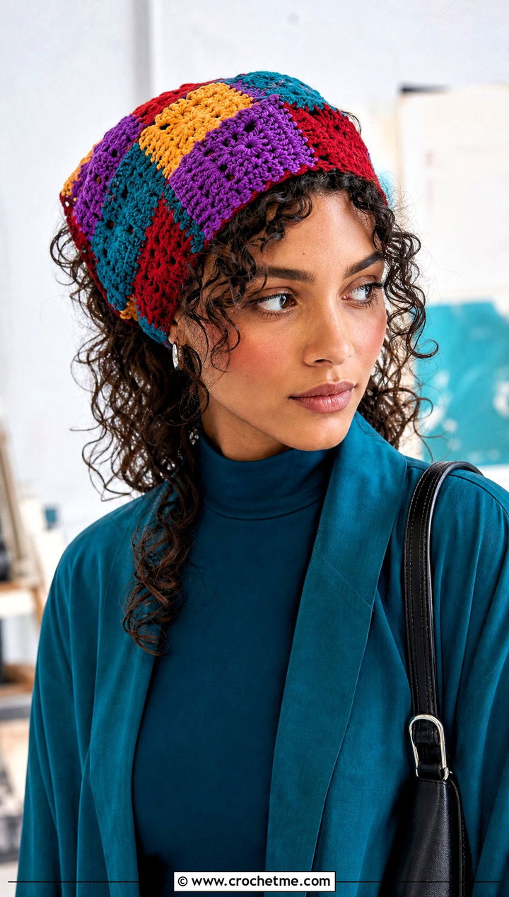 Patchwork Crochet Hair Scarf With Monochrome Outfit - 15 Crochet Hair Scarf Ideas