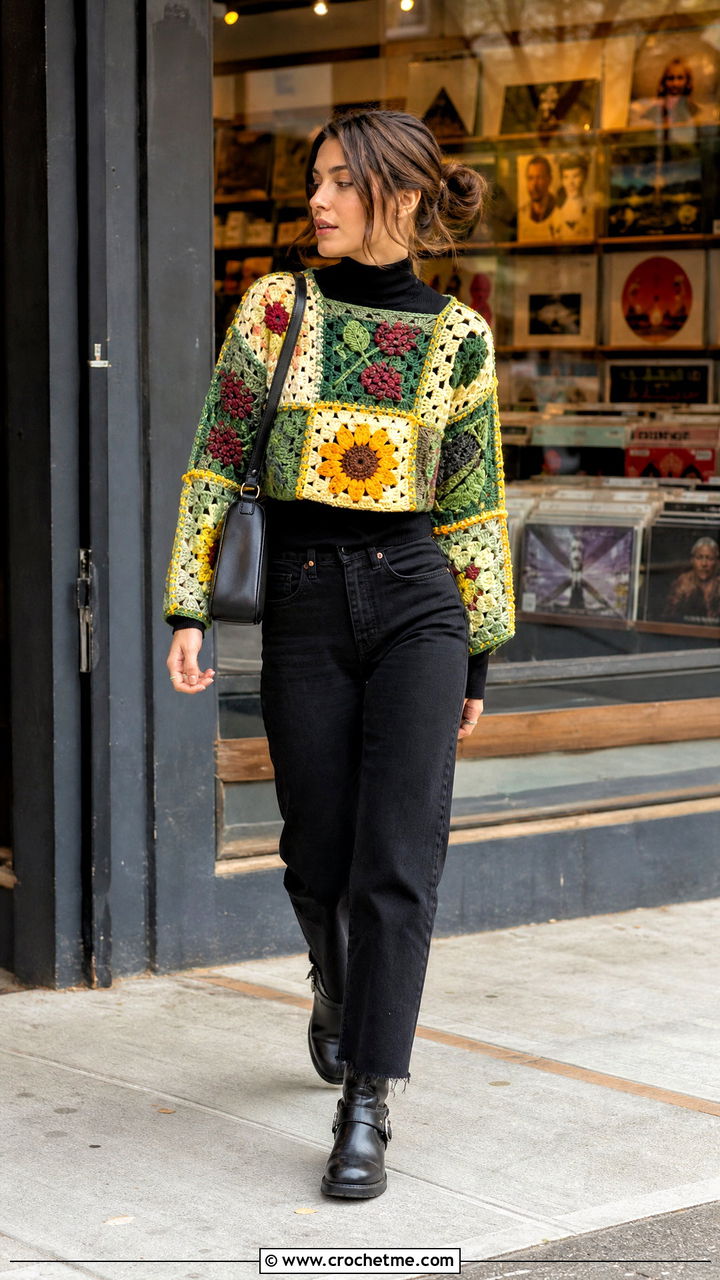 Patchwork Crochet Half Sweater With Black Jeans - 35 crochet half sweater outfit ideas
