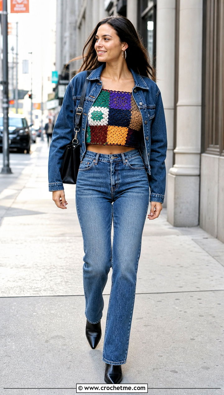Patchwork Crochet Half Top With A Denim Suit - 35 crochet half top outfit ideas