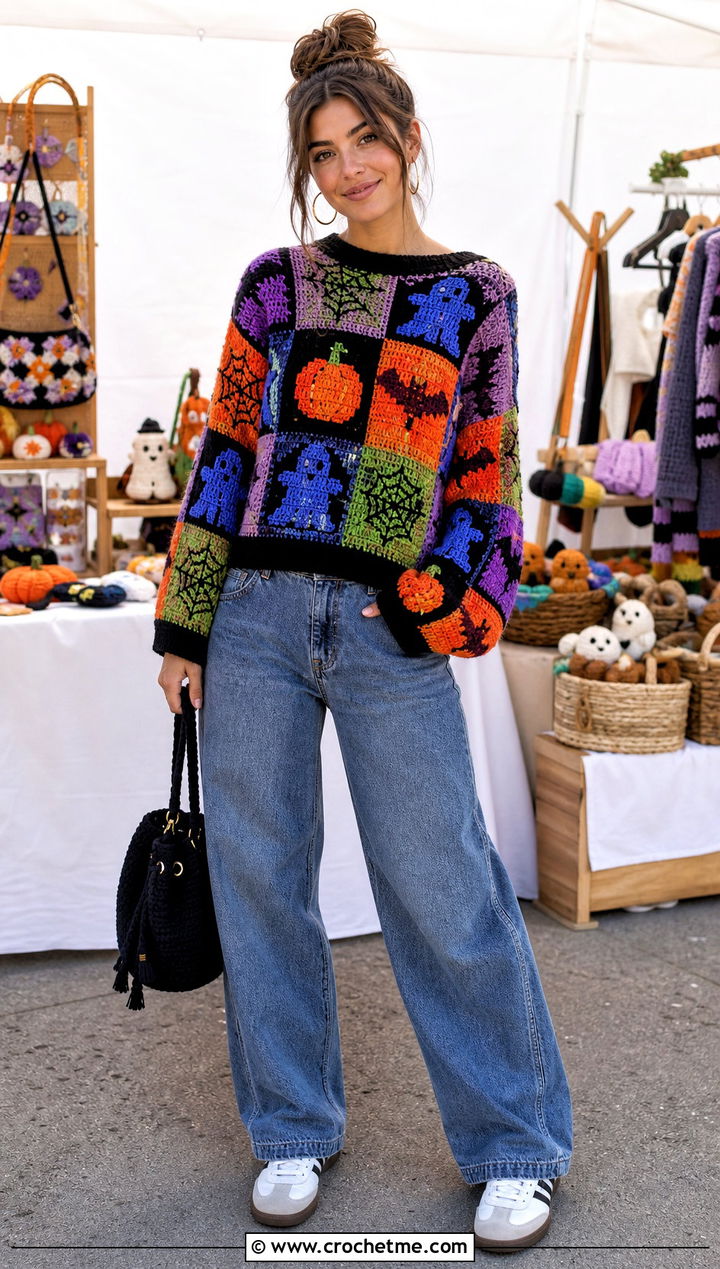 Patchwork Crochet Halloween Sweater With Barrel Jeans - 35 Crochet Halloween Sweater outfit ideas