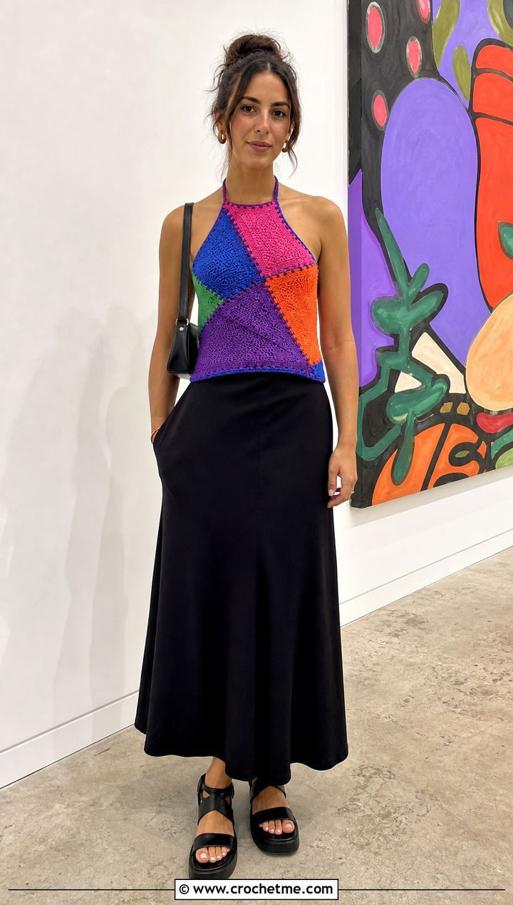 Patchwork Crochet Halter Top With Black Maxi Skirt - 35 easy crochet halter top outfit ideas