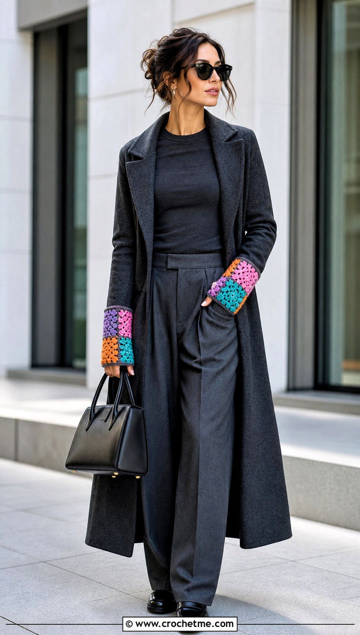 Patchwork Crochet Handwarmers With A Monochrome Outfit - 35 crochet handwarmers outfit ideas