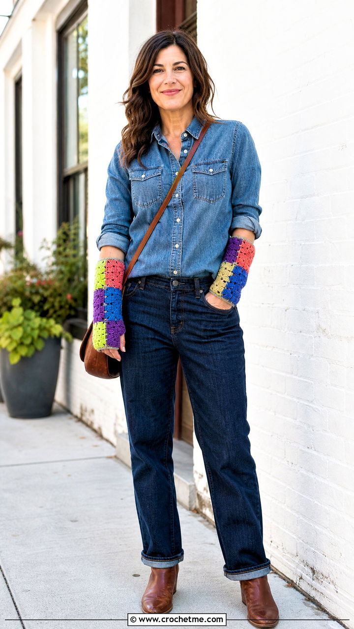 Patchwork Crochet Handwarmers With Canadian Tuxedo - 35 Crochet Handwarmer outfit ideas