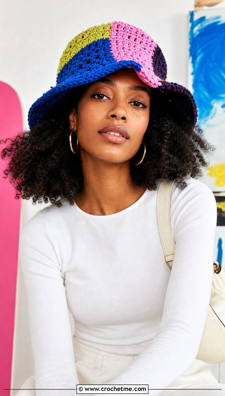 Patchwork Crochet Hat With Afro Hair And Monochrome Outfit - 30 crochet hat with hair outfit ideas