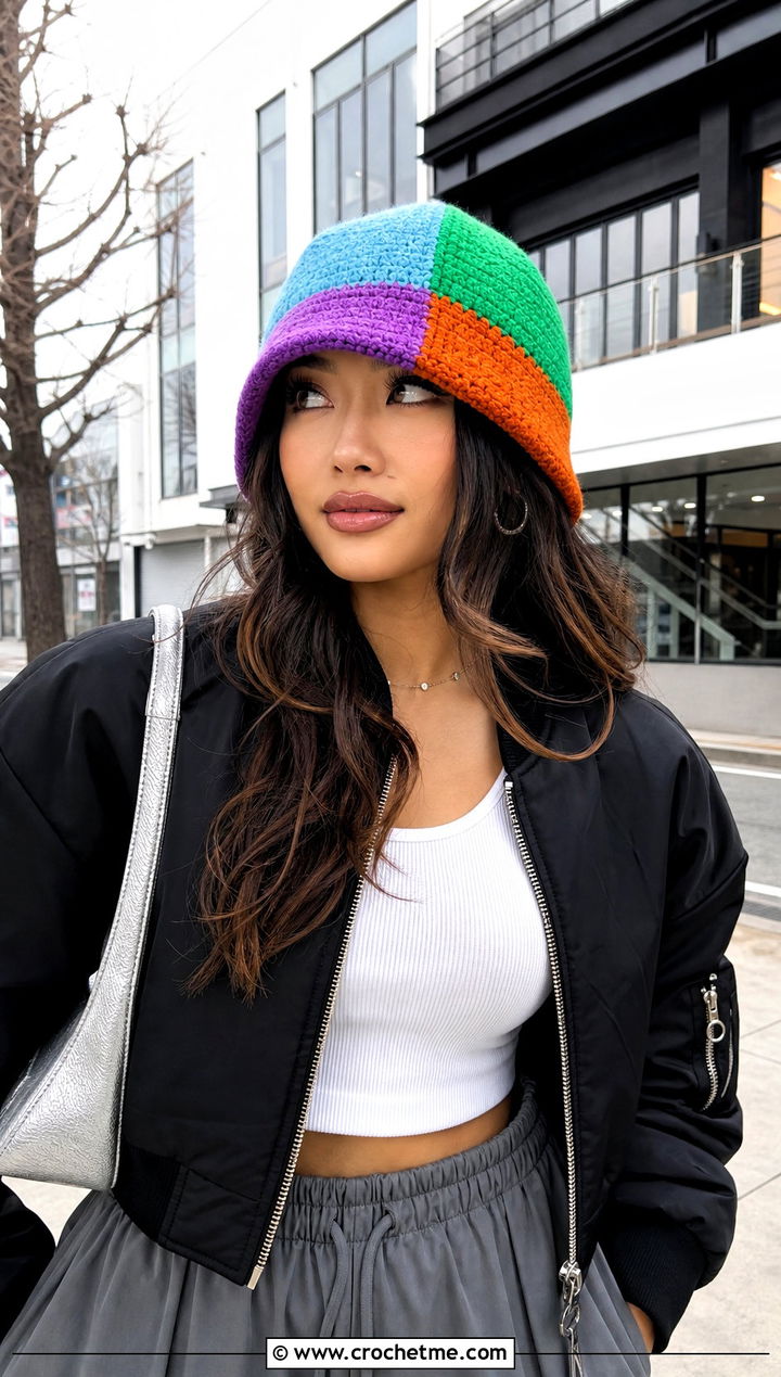 Patchwork Crochet Hat With Bomber Jacket And Parachute Pants - 25 Cool Crochet Hat outfit ideas