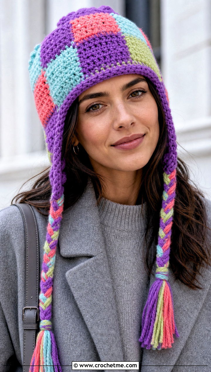 Patchwork Crochet Hat With Braids And Monochrome Outfit - 30 crochet hat with braids outfit ideas