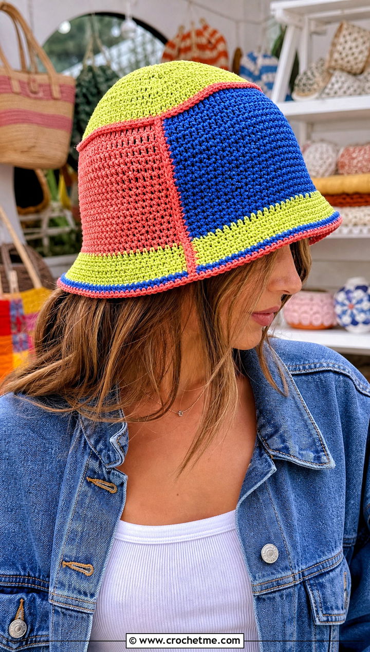 Patchwork Crochet Hat With Double Denim - 30 aesthetic crochet hat ideas