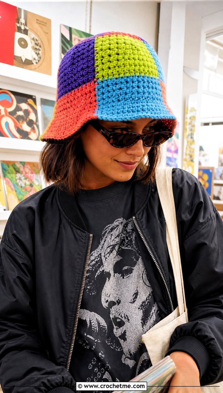Patchwork Crochet Hat With Graphic Tee - 20 Best Crochet Hat outfit ideas