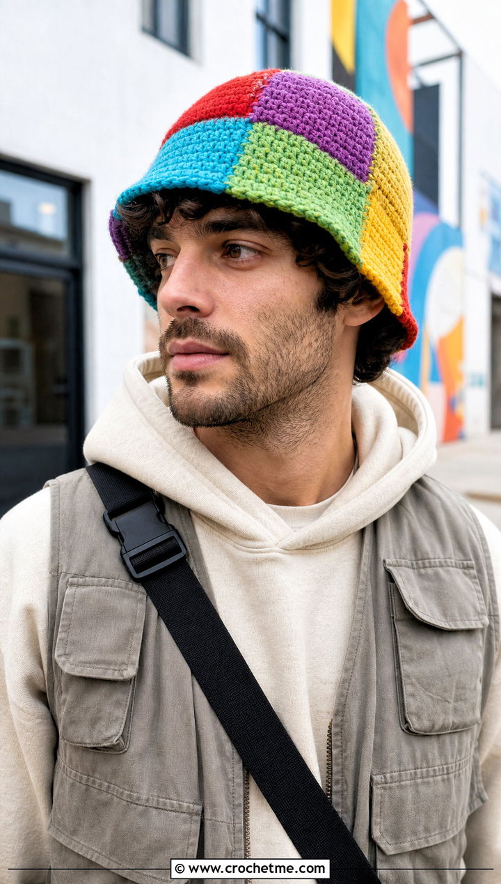 Patchwork Crochet Hat With Neutral Streetwear - 25 crochet hat ideas for men