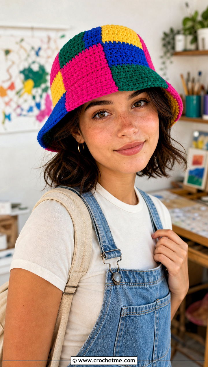 Patchwork Crochet Hat With Overalls - 25 crocheted hat outfit ideas