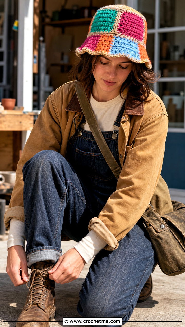 Patchwork Crochet Hat With Workwear Jacket And Overalls - 35 women crochet hat outfit ideas