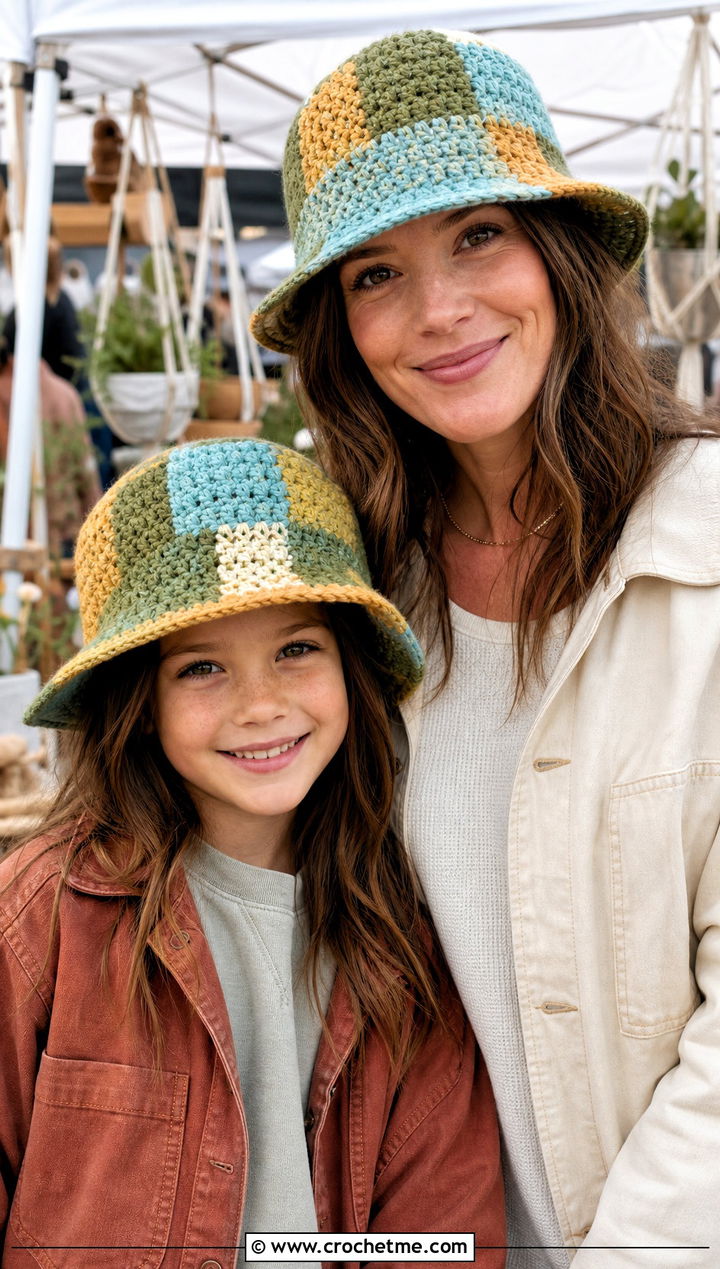 Patchwork Crochet Hats With Workwear Outfits - 20 Mother Daughter Crochet Hats outfit ideas
