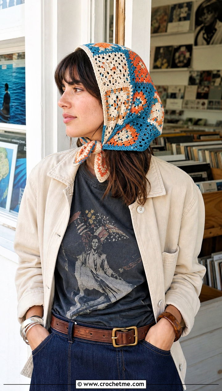 Patchwork Crochet Head Scarf With Graphic Tee and Denim Maxi Skirt - 25 Crochet Boho Head Scarf outfit ideas