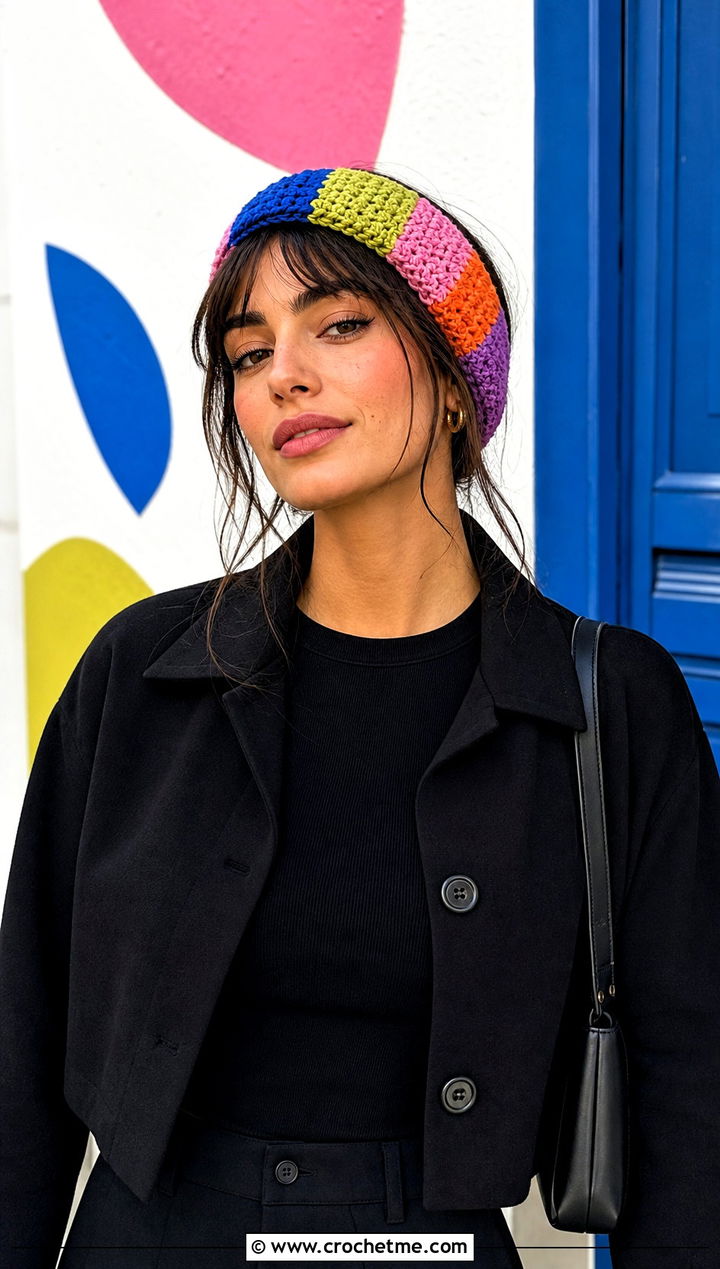 Patchwork Crochet Headband With Black Jacket And Pants - 30 simple crochet head bands outfit ideas