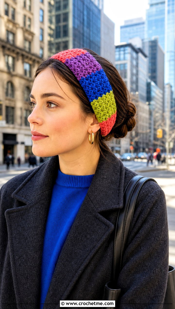 Patchwork Crochet Headband With Long Coat - 30 boho crochet headband outfit ideas