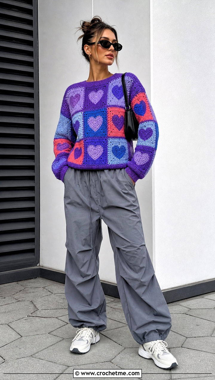 Patchwork Crochet Heart Sweater With Parachute Pants - 35 crochet heart sweater outfit ideas