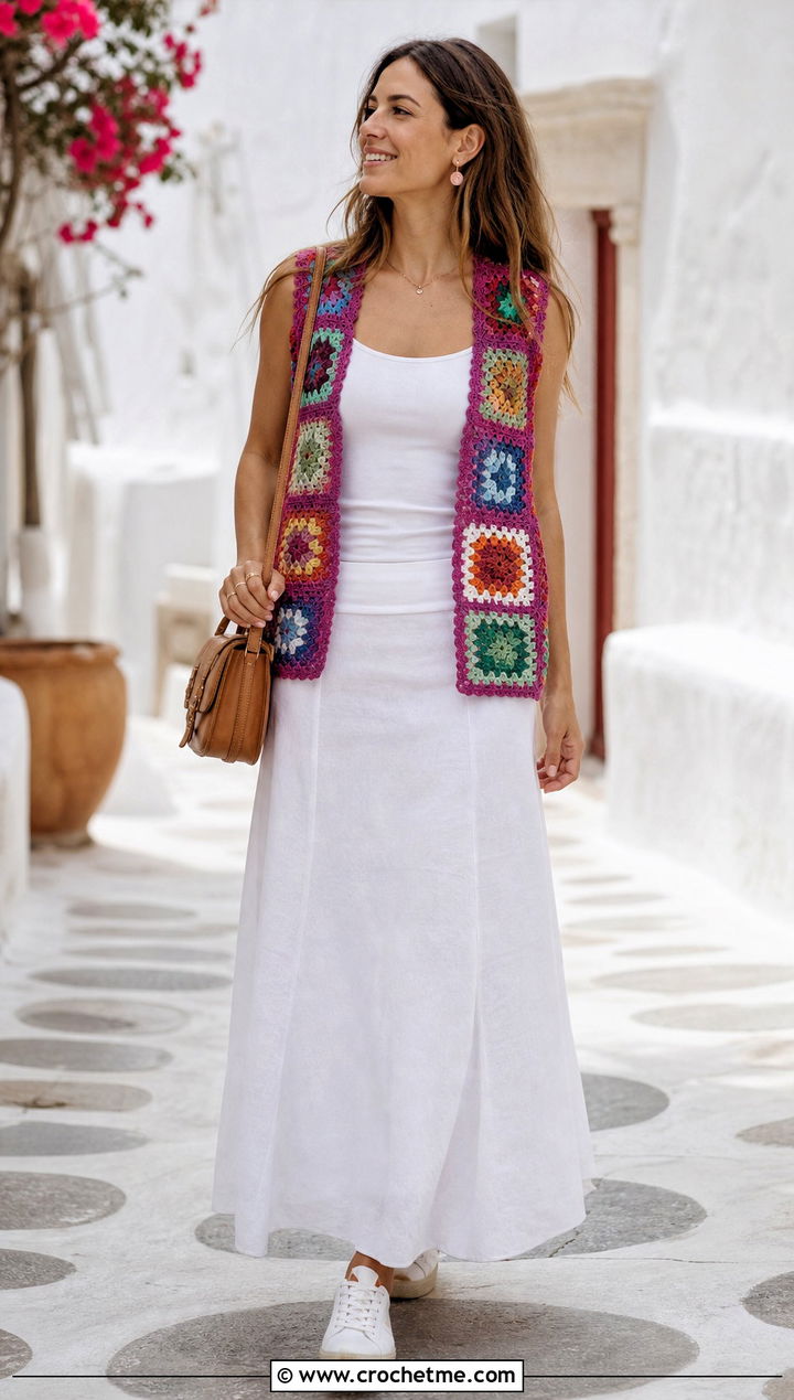 Patchwork Crochet Hippie Vest With White Maxi Skirt - 25 crochet hippie vest outfit ideas