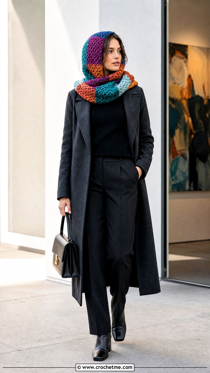 Patchwork Crochet Hood Scarf With Minimalist Separates - 35 crochet hood scarf outfit ideas
