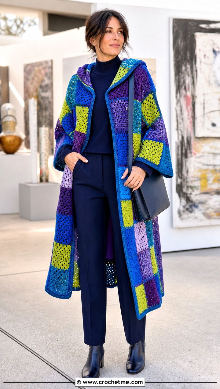 Patchwork Crochet Hooded Cape With Monochrome Basics - 35 crochet hooded cape outfit ideas