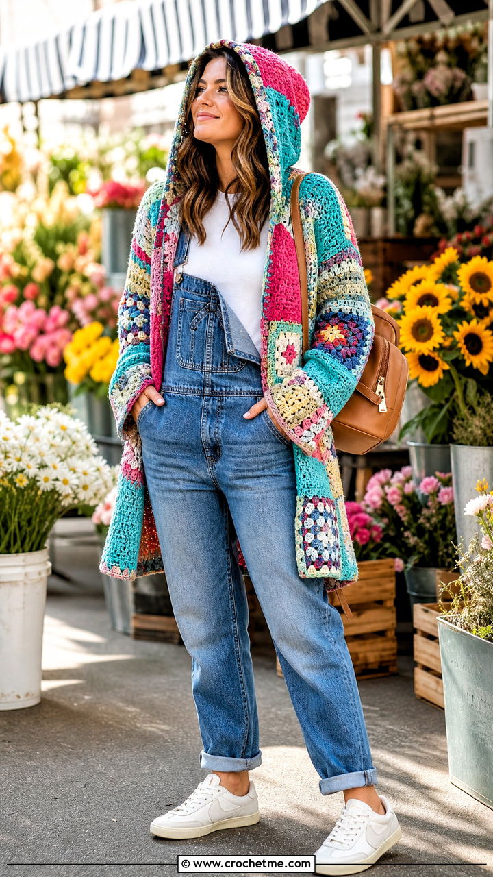 Patchwork Crochet Hooded Cardigan With Denim Overalls - 35 crochet hooded cardigan outfit ideas