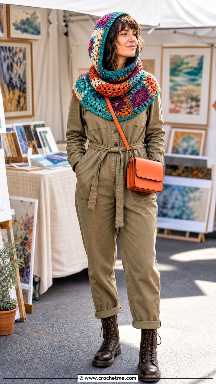 Patchwork Crochet Hooded Cowl With Utility Jumpsuit - 35 crochet hooded cowl outfit ideas