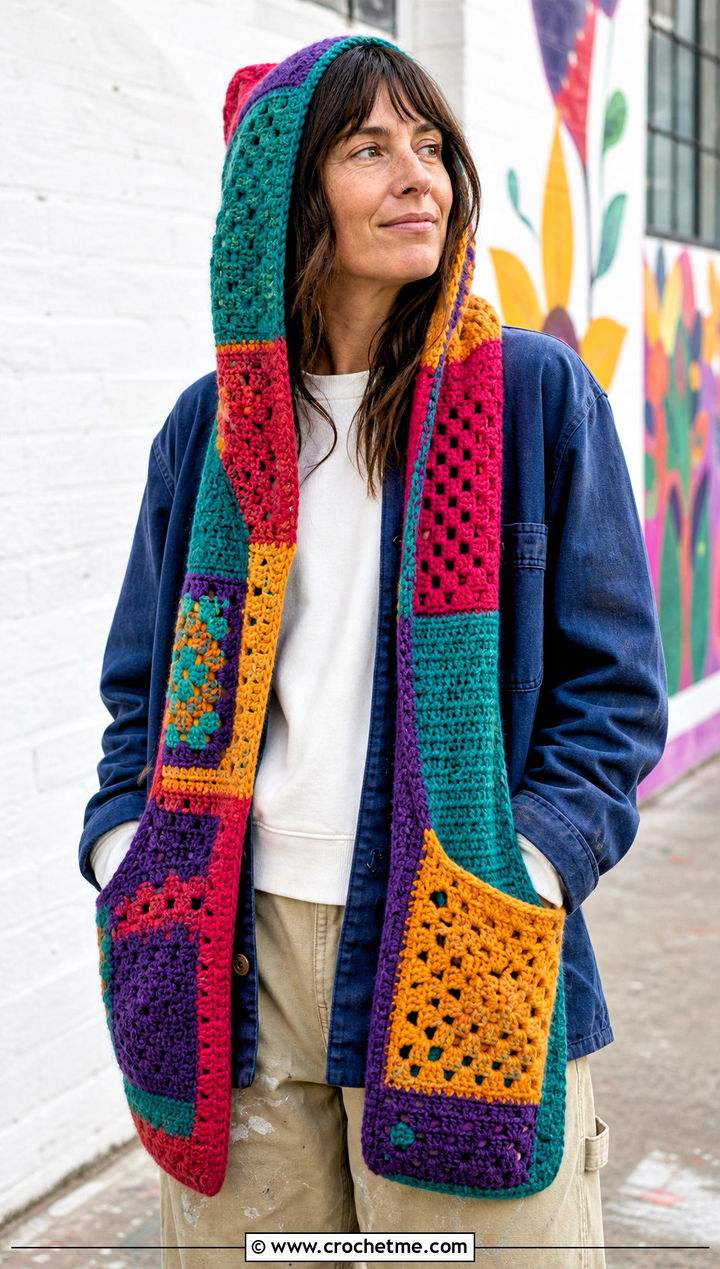 Patchwork Crochet Hooded Pocket Scarf With Workwear Jacket - 25 crochet hooded pocket scarf outfit ideas