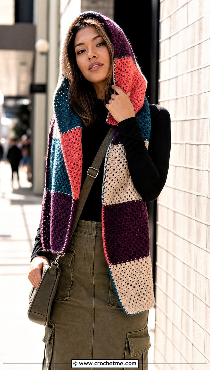 Patchwork Crochet Hooded Scarf With Cargo Skirt Outfit - 30 crochet scarf with hood outfit ideas
