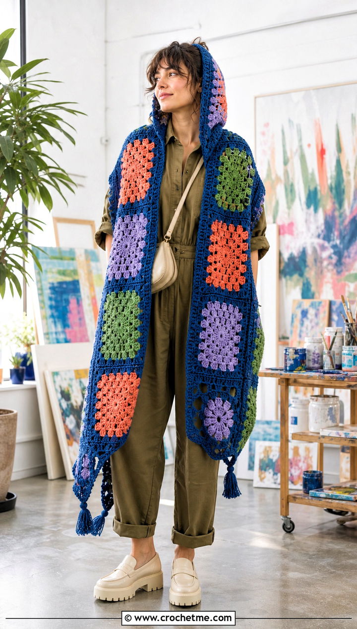 Patchwork Crochet Hooded Shawl With Utility Jumpsuit - 35 crochet hooded shawl outfit ideas