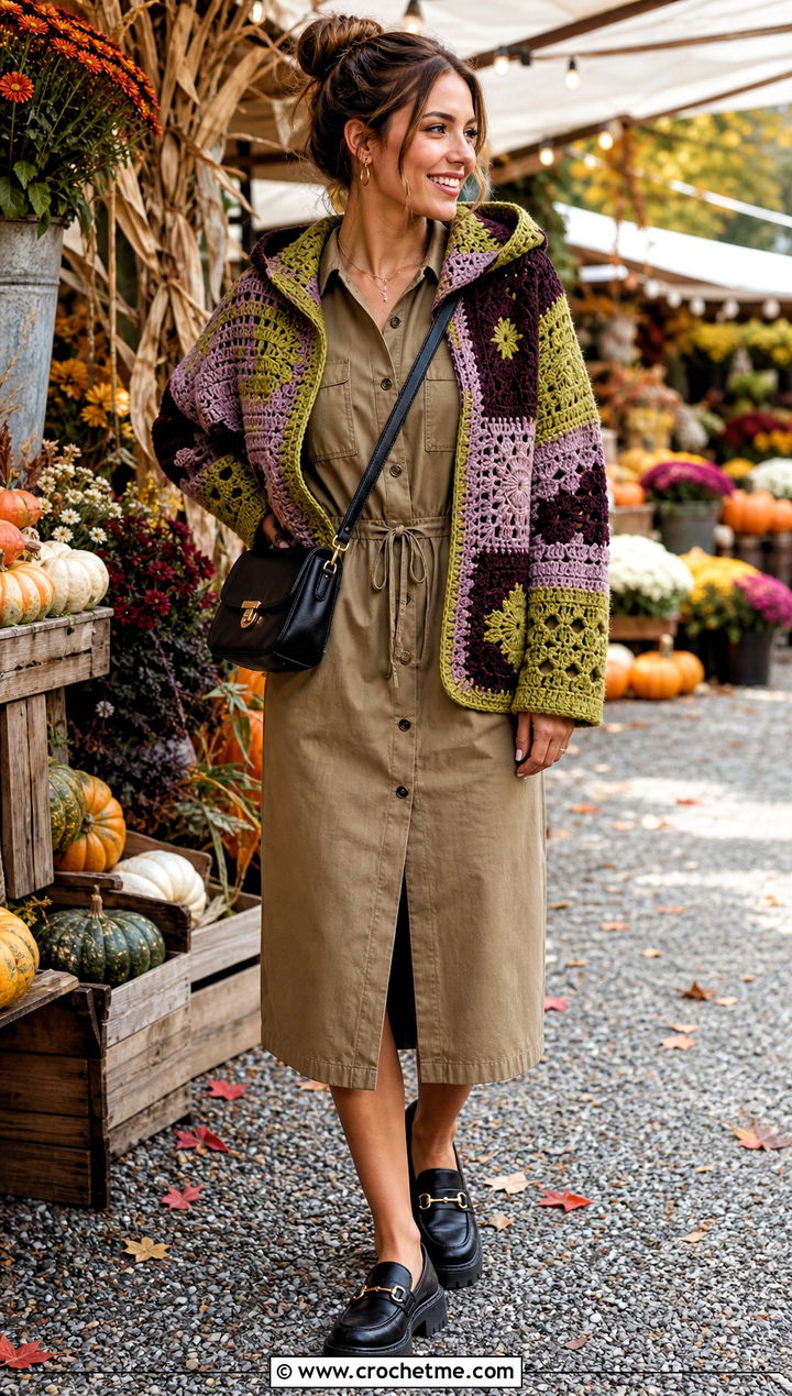 Patchwork Crochet Hooded Shrug With Utility Dress - 30 Crochet Hooded Shrug outfit ideas