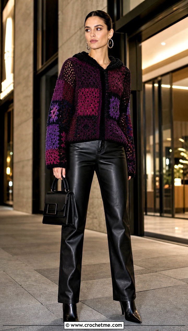 Patchwork Crochet Hooded Sweater With Leather Pants - 30 crochet hooded sweater outfit ideas
