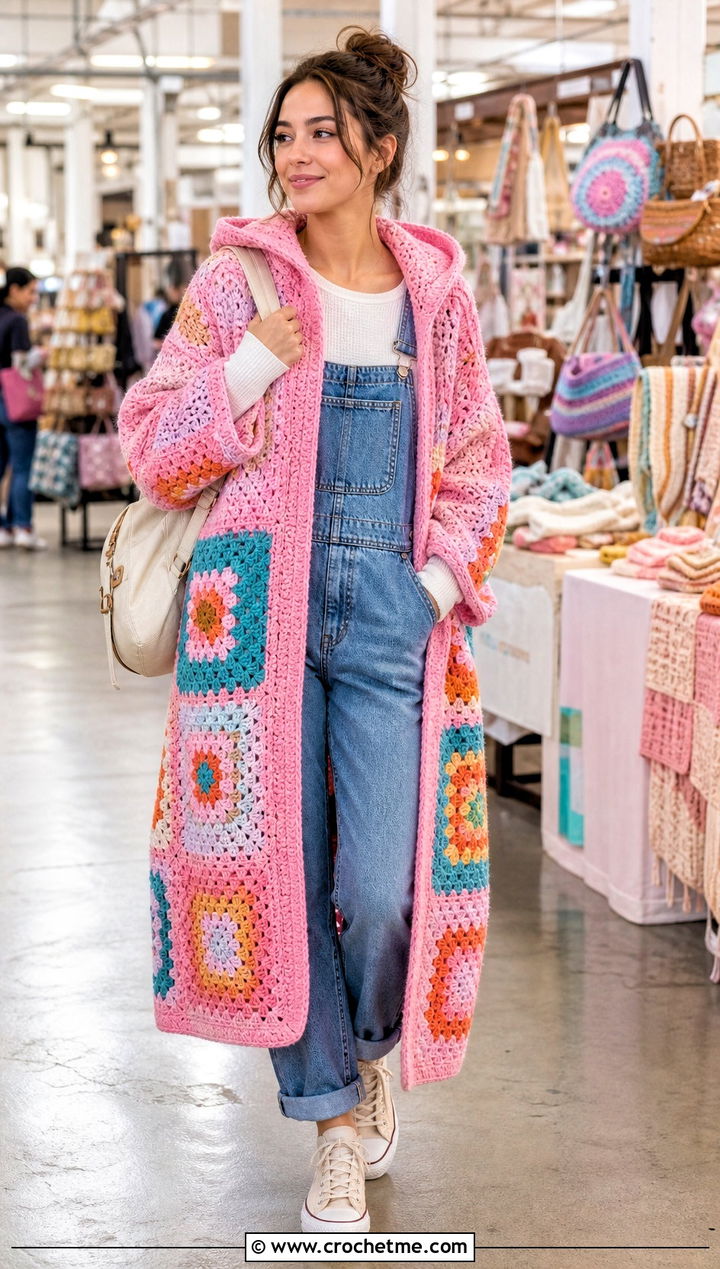 Patchwork Crochet Hoodie Blanket With Denim Overalls - 25 crochet hoodie blanket outfit ideas