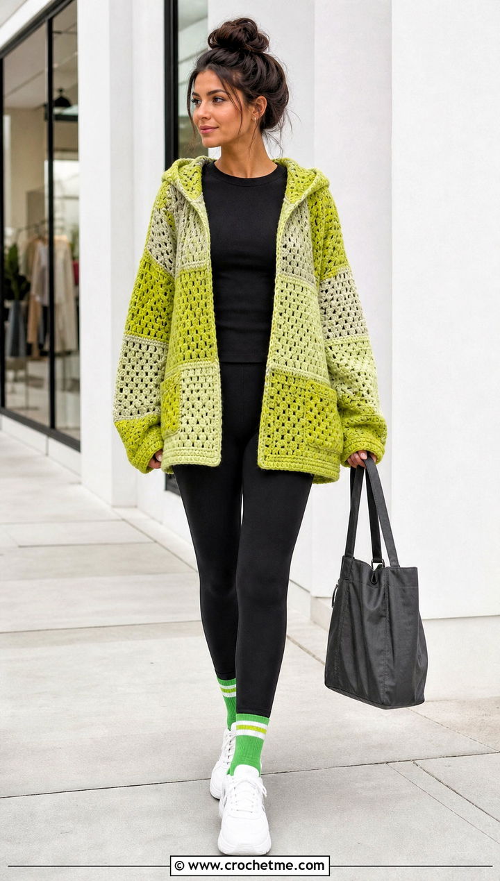 Patchwork Crochet Hoodie Cardigan With Black Leggings - 30 crochet hoodie cardigan outfit ideas