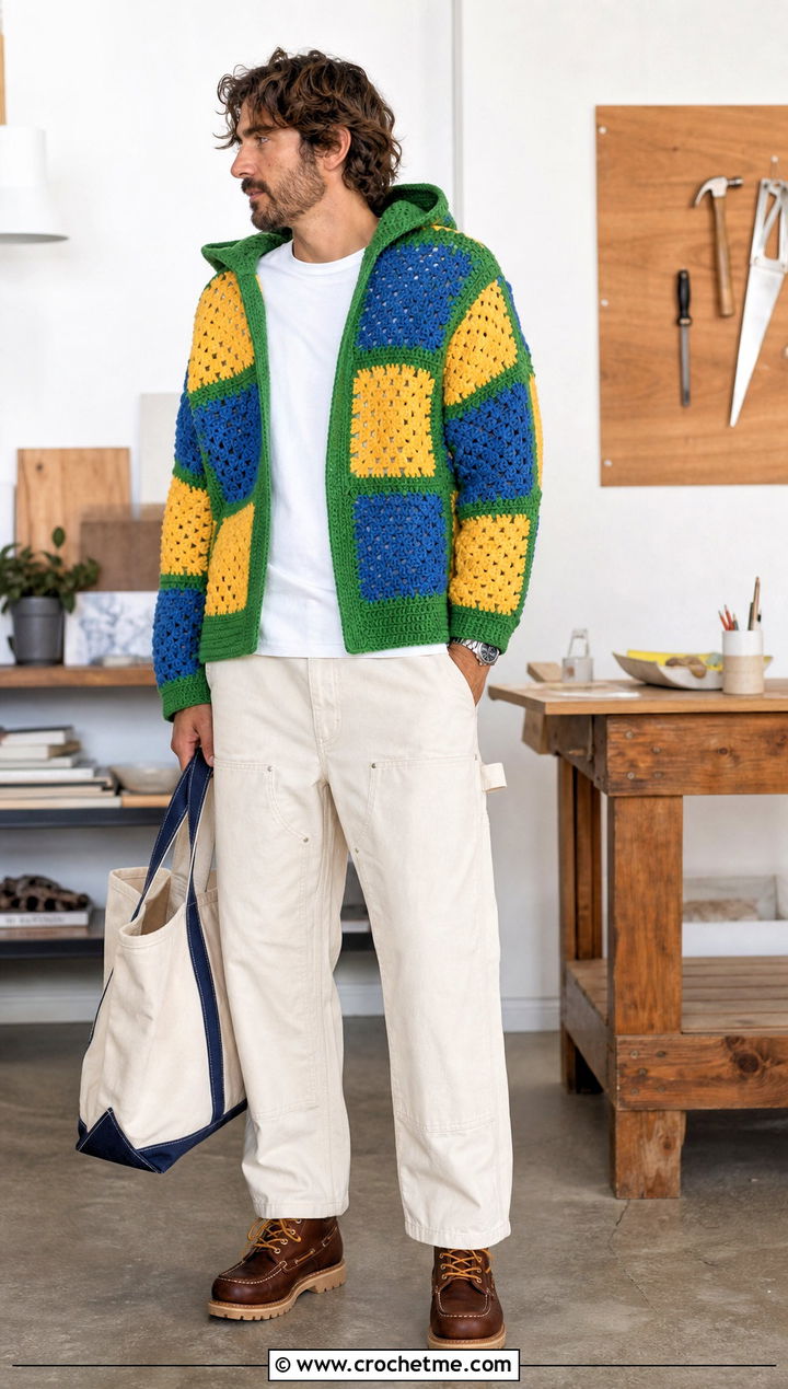 Patchwork Crochet Hoodie With Carpenter Jeans - 30 crochet mens hoodie outfit ideas
