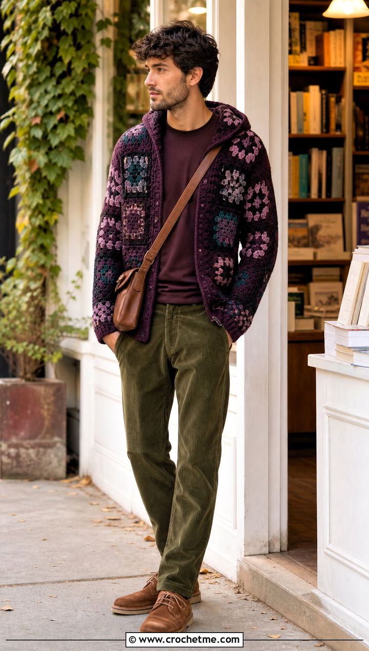 Patchwork Crochet Hoodie With Corduroy Pants - 30 Crochet Hoodies For Men outfit ideas