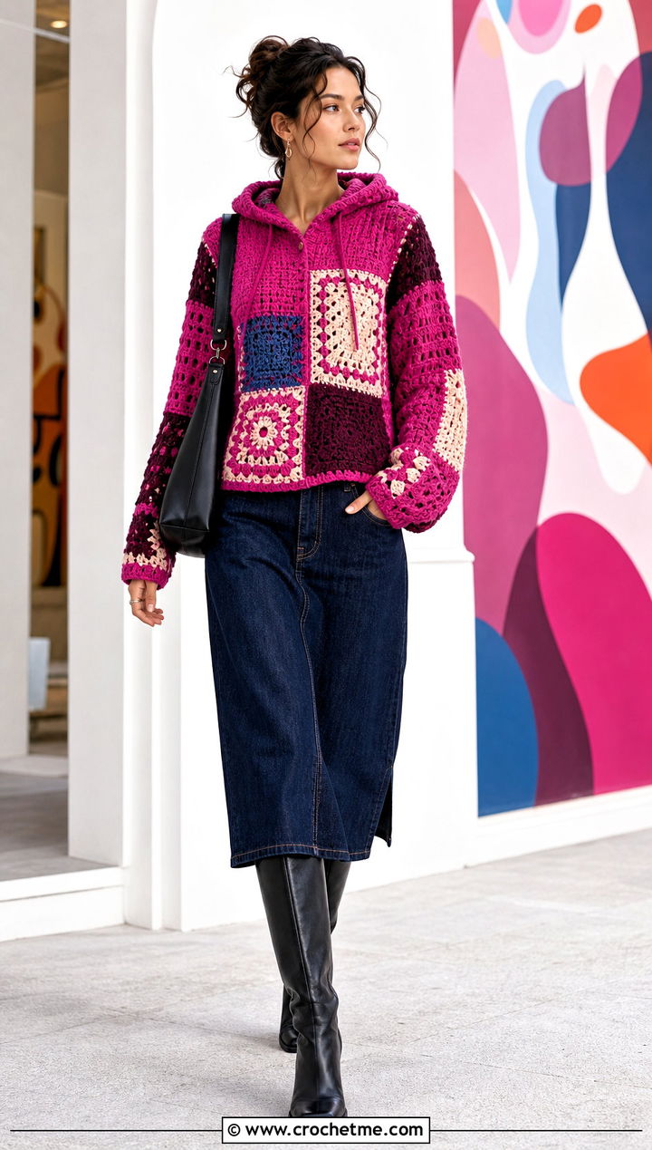 Patchwork Crochet Hoodie With Denim Midi Skirt - 25 Easy Crochet Hoodie outfit ideas