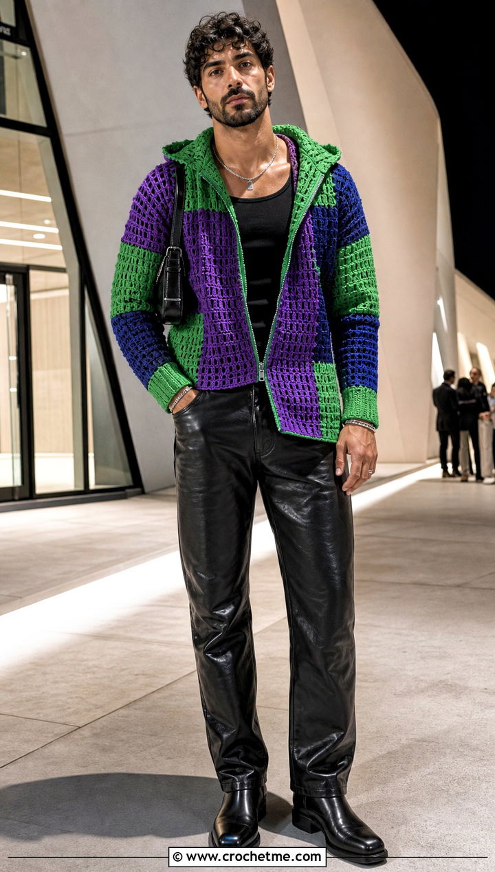 Patchwork Crochet Hoodie With Leather Pants - 35 crochet hoodie for men outfit ideas