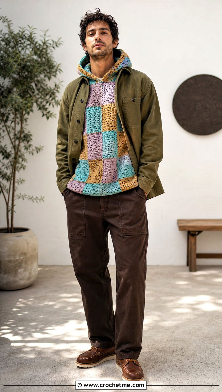 Patchwork Crochet Hoodie With Workwear Overshirt And Fatigue Pants - 25 Crochet Hoodie Men outfit ideas