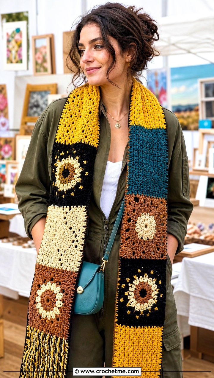Patchwork Crochet Hufflepuff Scarf With Boiler Suit - 30 crochet hufflepuff scarf outfit ideas