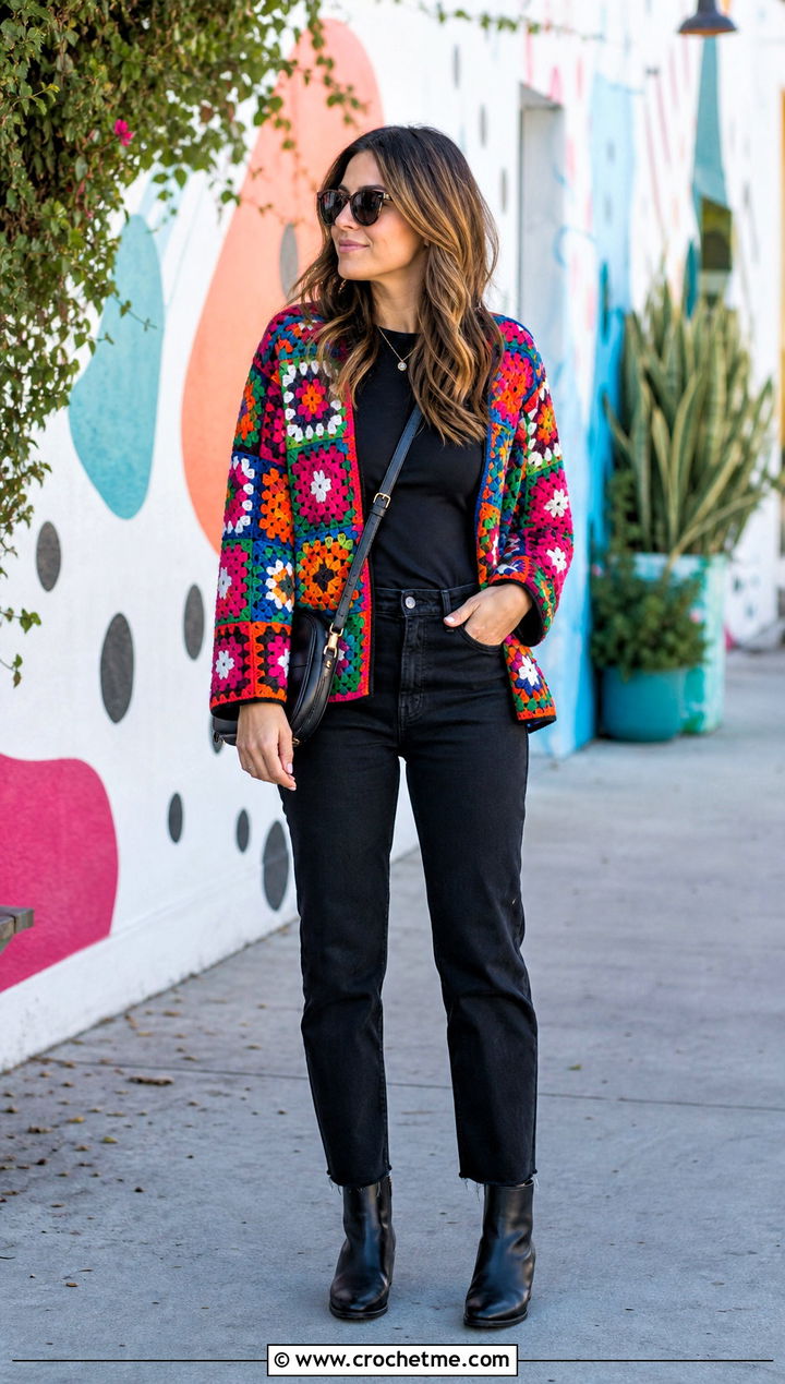 Patchwork Crochet Jacket With Black Basics - 15 beginner crochet jacket ideas