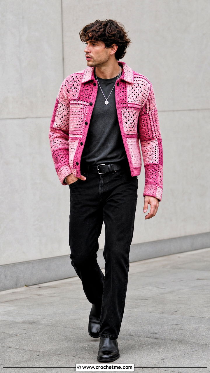 Patchwork Crochet Jacket With Black Denim - 35 crochet jacket for men outfit ideas