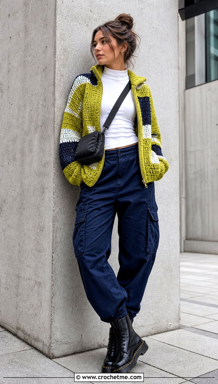 Patchwork Crochet Jacket With Cargo Pants - 35 Crochet Winter Outfits ideas