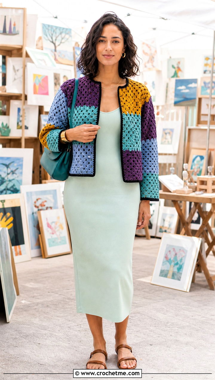Patchwork Crochet Jacket With Column Dress - 15 crochet summer jacket outfit ideas
