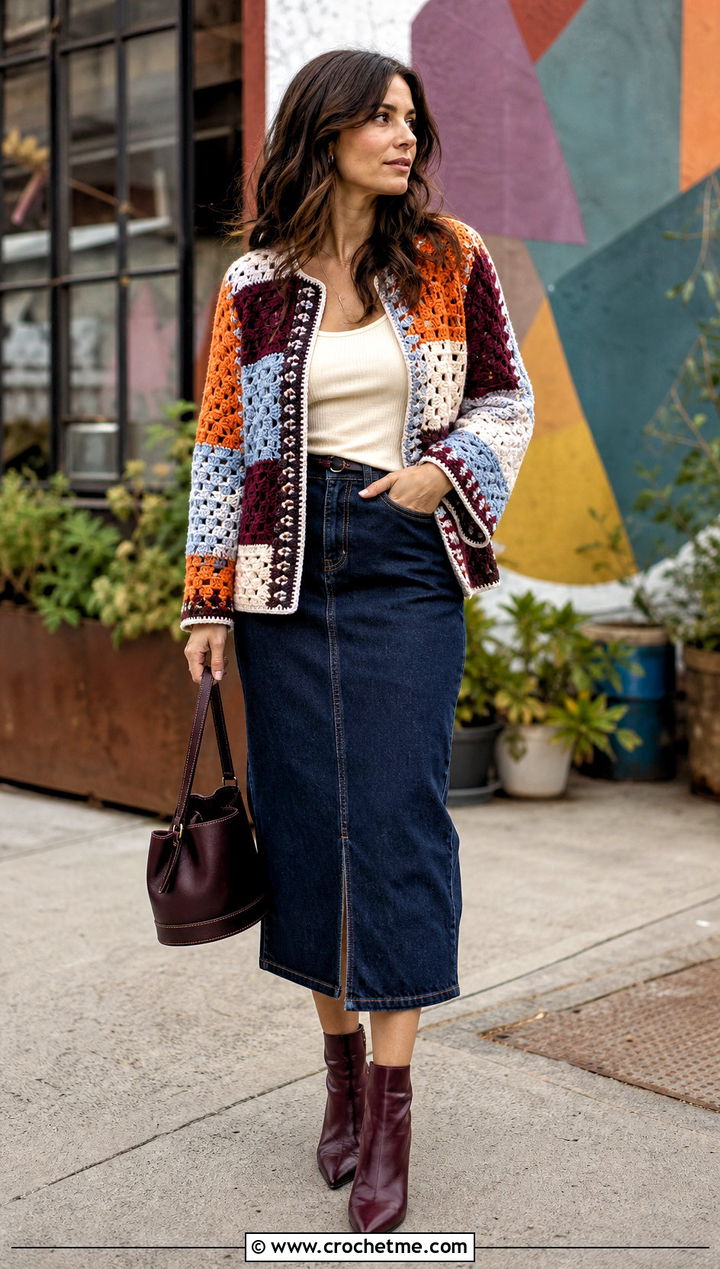 Patchwork Crochet Jacket With Denim Midi Skirt - 25 crochet jacket for women outfit ideas