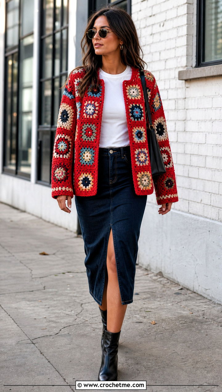 Patchwork Crochet Jacket With Denim Midi Skirt - 20 crochet jacket for ladies outfit ideas