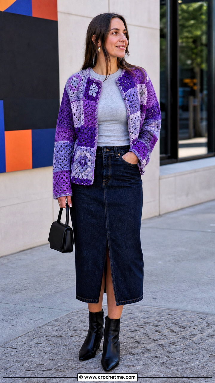 Patchwork Crochet Jacket With Denim Midi Skirt - 35 easy crochet jacket outfit ideas