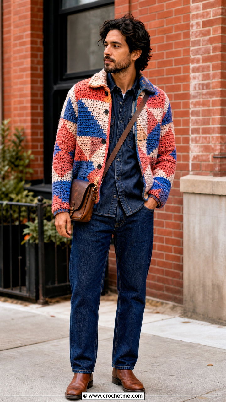 Patchwork Crochet Jacket With Double Denim - 35 crochet clothes for men outfit ideas